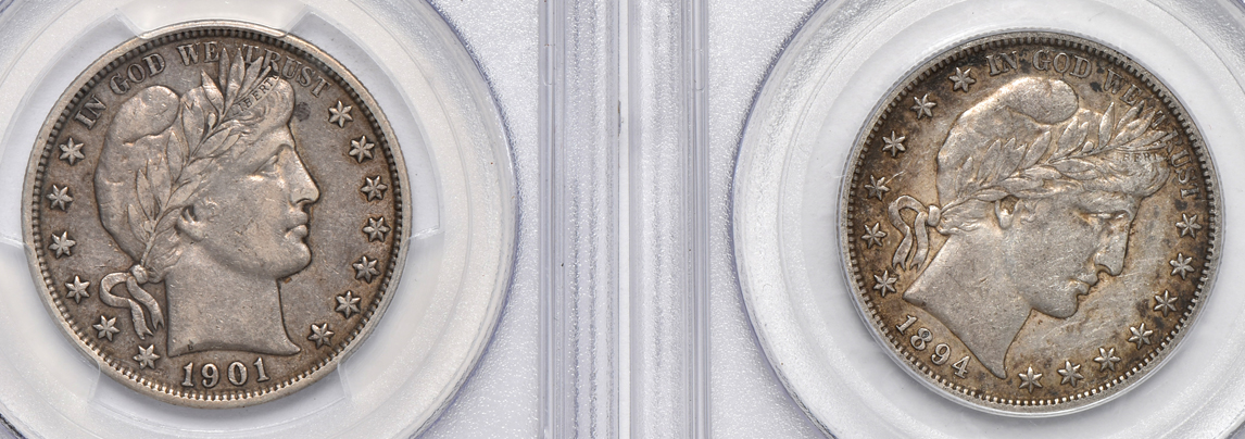 Six Barber half-dollars certified XF-45 by PCGS