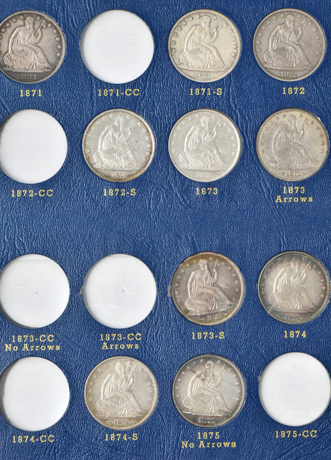 Collection of 33 different Liberty Seated half-dollars in a Whitman 9448 album