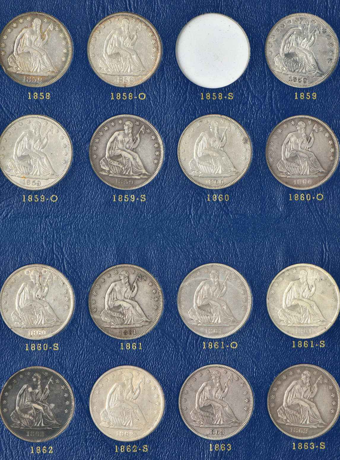 Collection of 47 different Liberty Seated half-dollars in a Whitman 9447 album