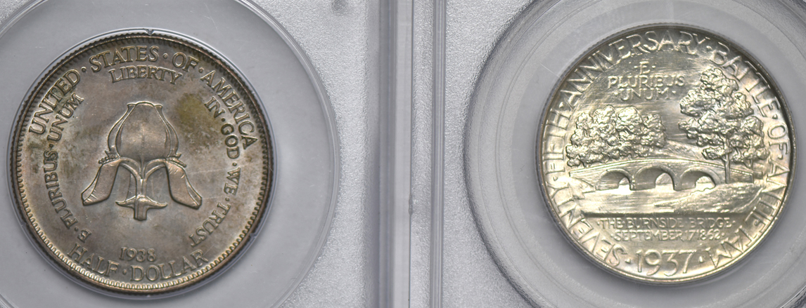 1937 Antietam (green label), and a 1938 New Rochel (rattler), both PCGS MS-65