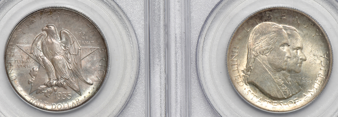 Five UNC silver commemorative half-dollars, all PCGS (green label)