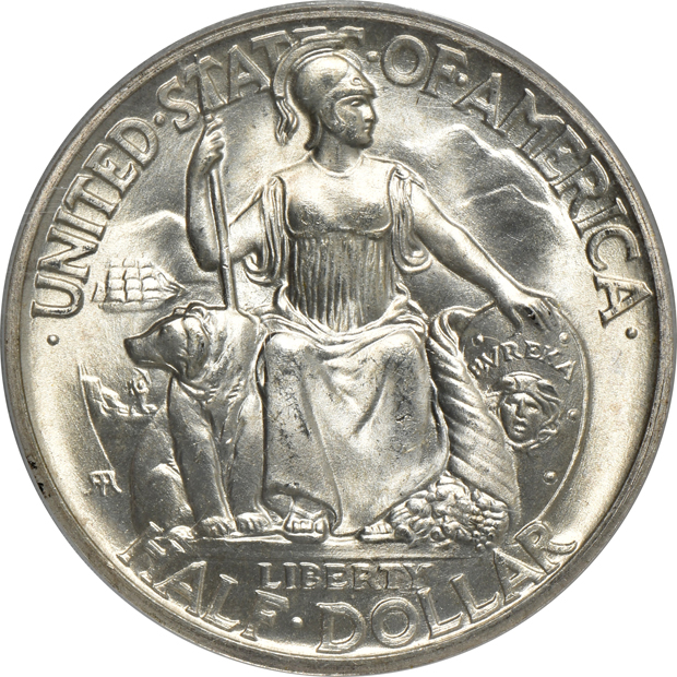 Five UNC silver commemorative half-dollars, all PCGS (green label)