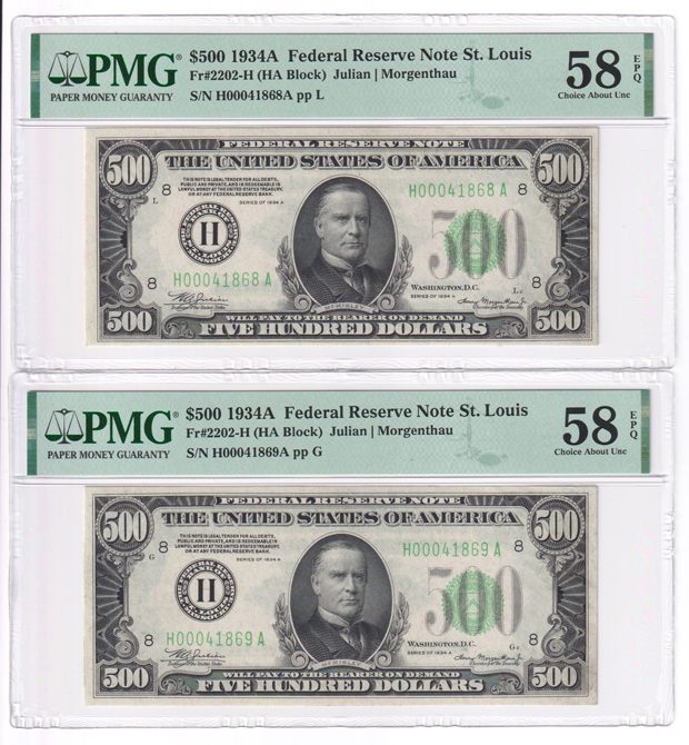 Five 1934-A $500 St. Louis Fr# 2202-H - PMG AU-58