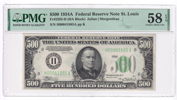 Five 1934-A $500 St. Louis Fr# 2202-H - PMG AU-58