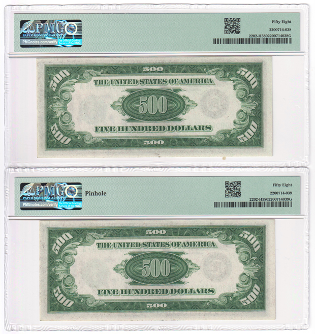 Four sequential 1934-A $500 St. Louis Fr# 2202-H - PMG AU-58/(three with a pinhole)
