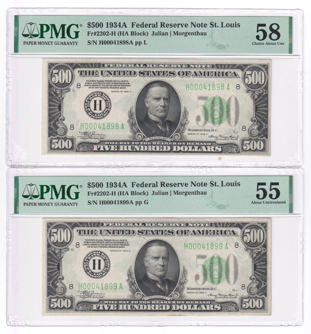 Four sequential 1934-A $500 St. Louis Fr# 2202-H - PMG AU-58/(three with a pinhole)