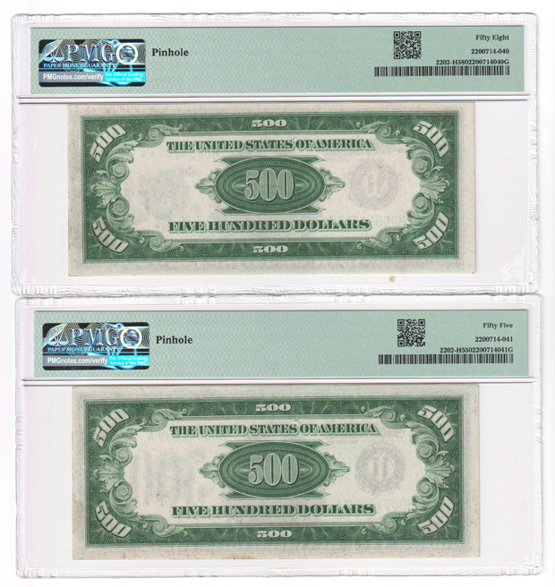 Four sequential 1934-A $500 St. Louis Fr# 2202-H - PMG AU-58/(three with a pinhole)