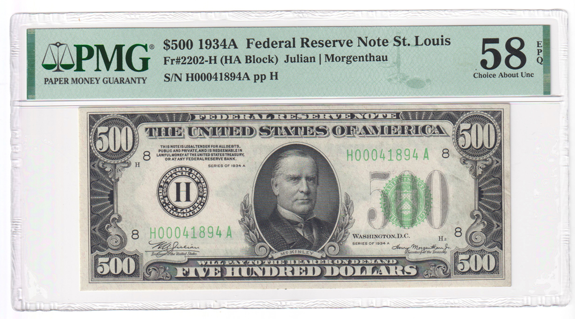 Three sequential 1934-A $500 St. Louis Fr# 2202-H - PMG AU-58 EPQ