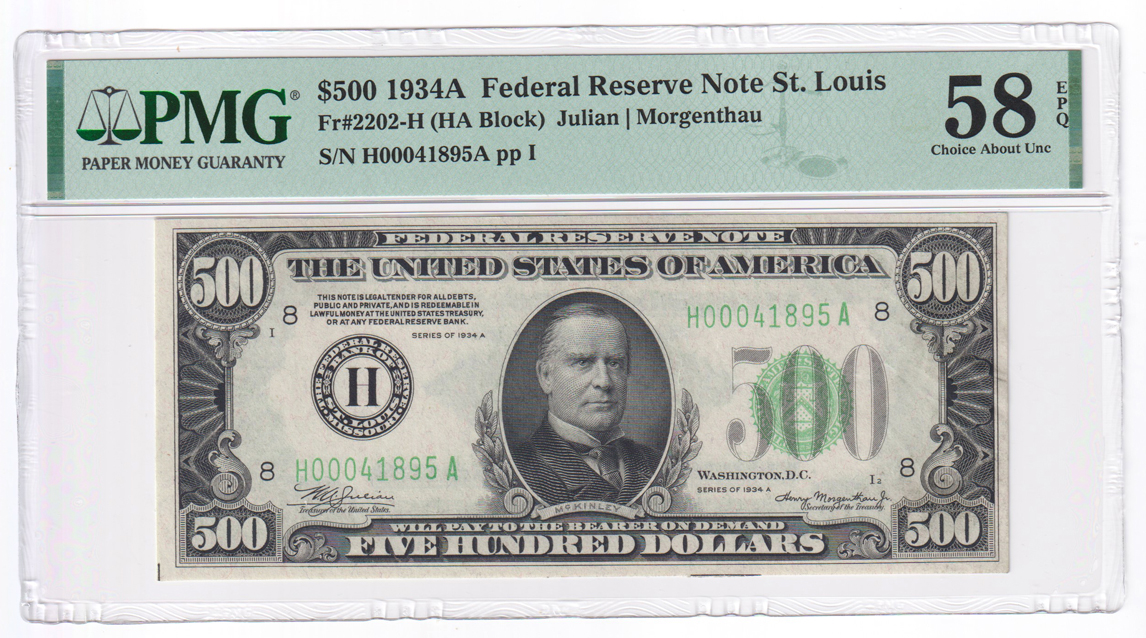 Three sequential 1934-A $500 St. Louis Fr# 2202-H - PMG AU-58 EPQ