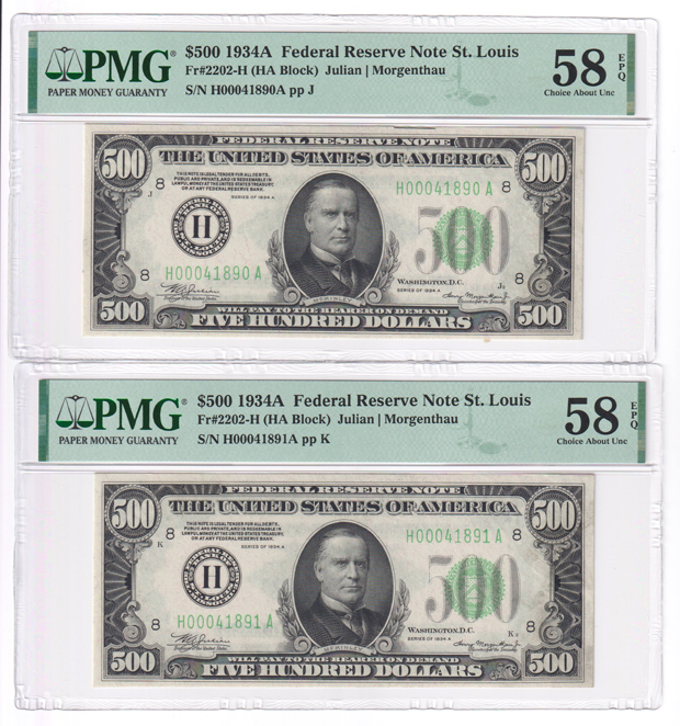 Four sequential 1934-A $500 St. Louis Fr# 2202-H - PMG AU-58 EPQ
