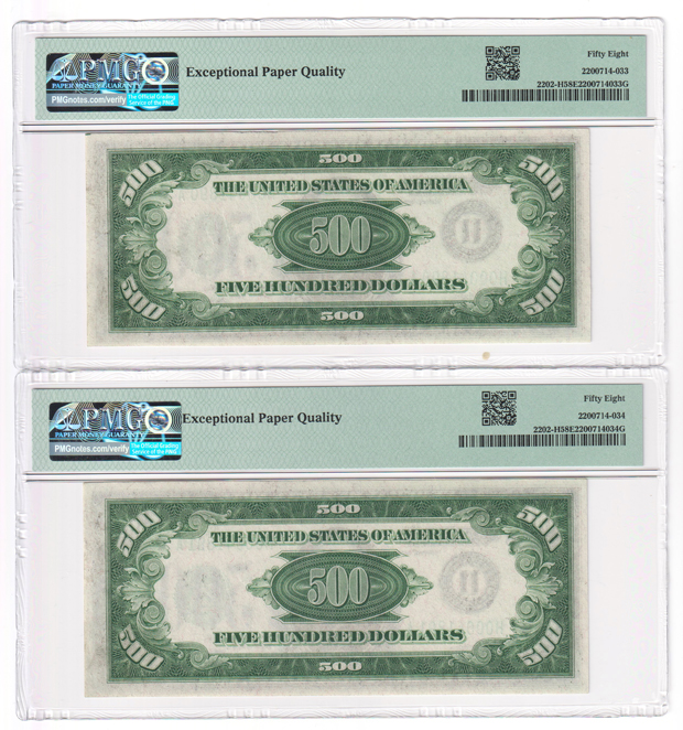 Four sequential 1934-A $500 St. Louis Fr# 2202-H - PMG AU-58 EPQ