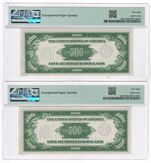 Six sequential 1934-A $500 St. Louis Fr# 2202-H - PMG AU-58 EPQ