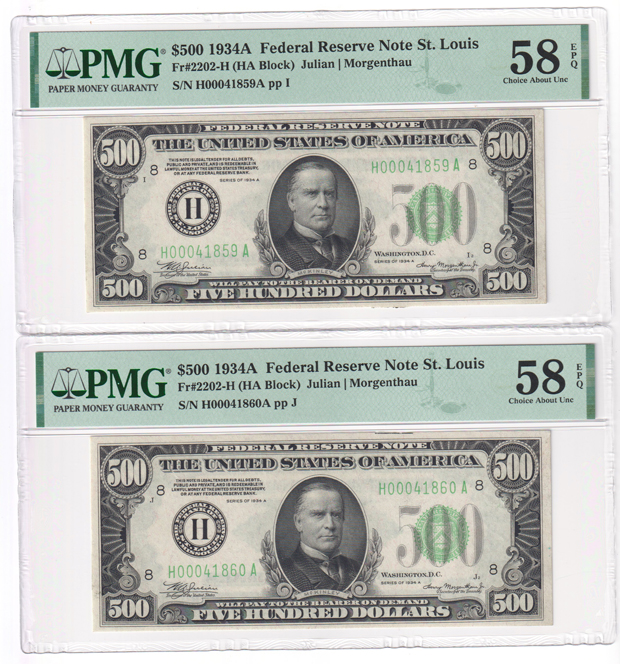 Six sequential 1934-A $500 St. Louis Fr# 2202-H - PMG AU-58 EPQ