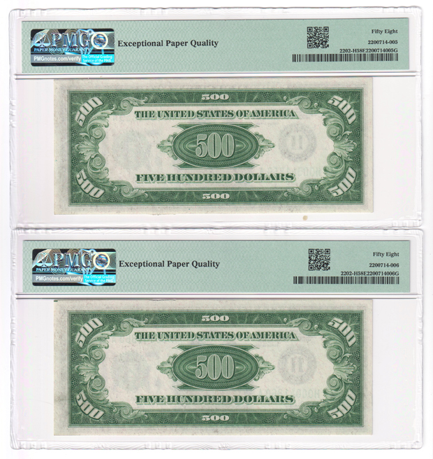 Six sequential 1934-A $500 St. Louis Fr# 2202-H - PMG AU-58 EPQ