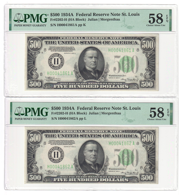 Six sequential 1934-A $500 St. Louis Fr# 2202-H - PMG AU-58 EPQ