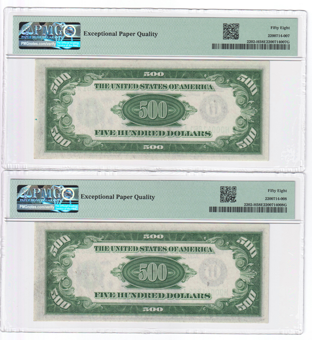 Six sequential 1934-A $500 St. Louis Fr# 2202-H - PMG AU-58 EPQ