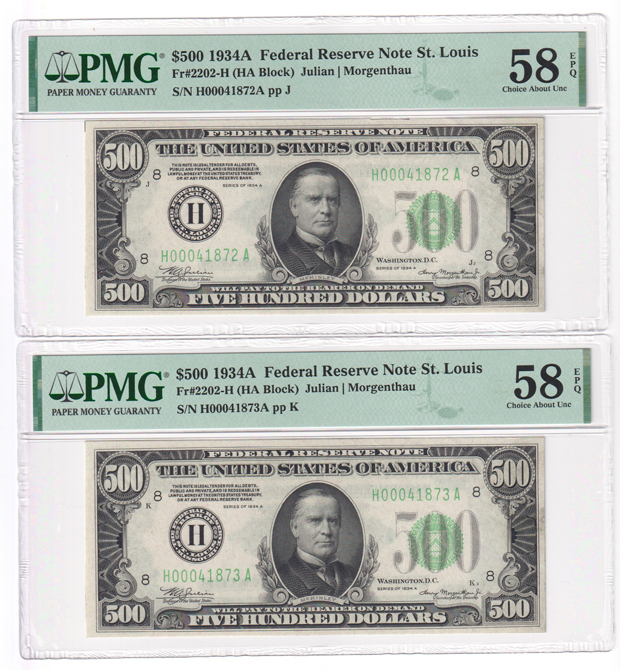 Nine sequential 1934-A $500 St. Louis Fr# 2202-H - PMG AU-58 EPQ
