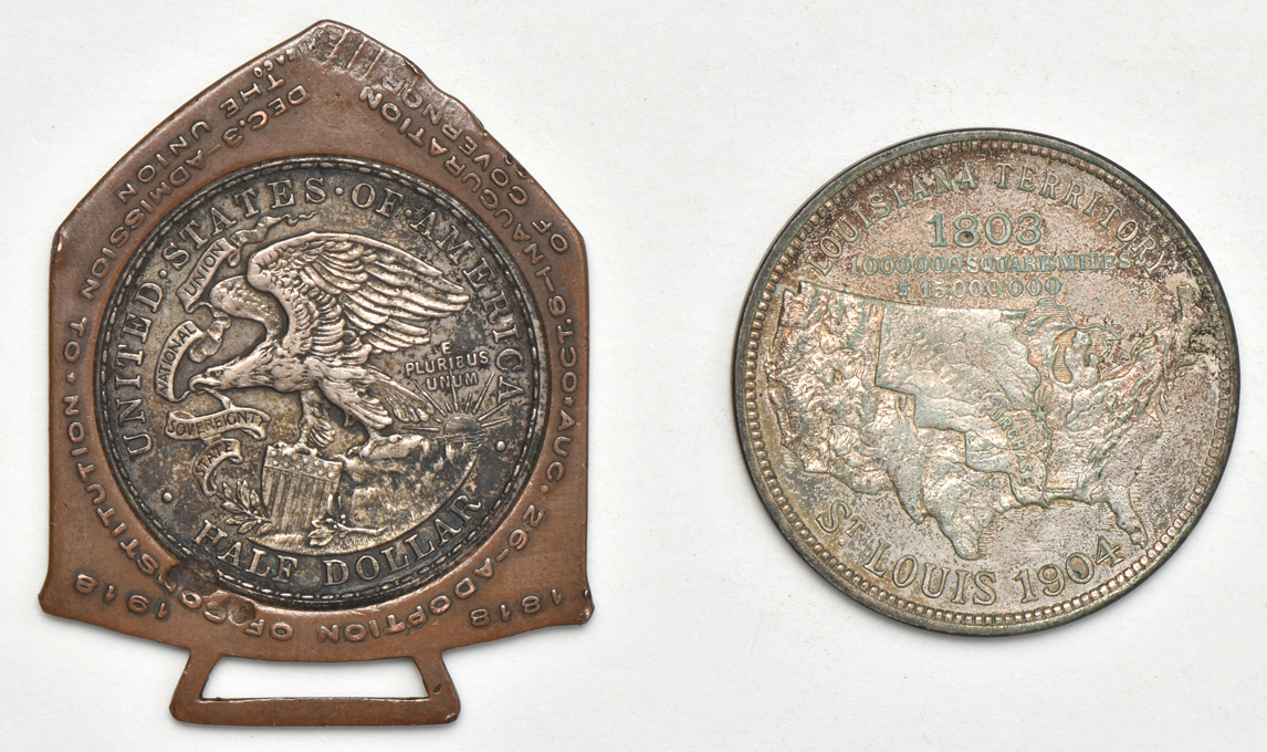 1918 Lincoln encased in shield, plus a 1904 World's Fair medal