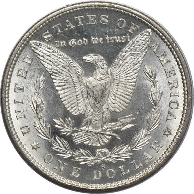 Seven UNC Morgan silver dollars, all PCGS (rattler)