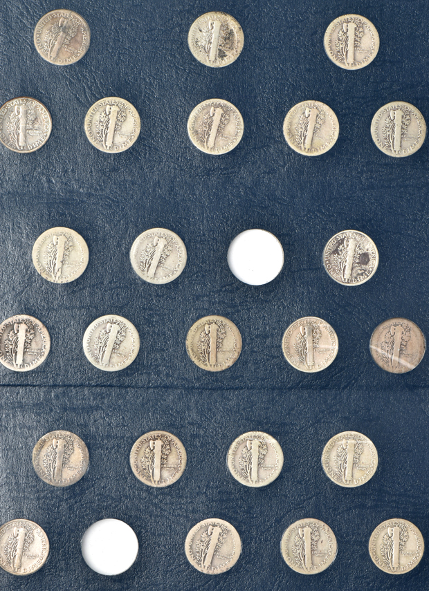 Nearly complete collection of Mercury dimes (missing overdates), in a Whitman Classic 9118 album