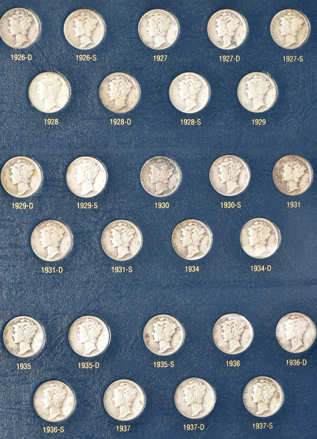 Nearly complete collection of Mercury dimes (missing overdates), in a Whitman Classic 9118 album