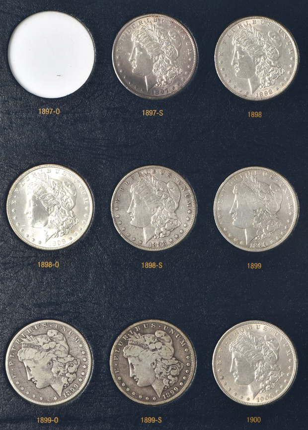 Collection of 41 different Morgan silver dollars in a Whitman 9129 album