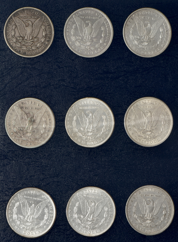 Collection of 54 different Morgan silver dollars, 1878 8TF through 1891-S, in a Whitman Classic 9128 album