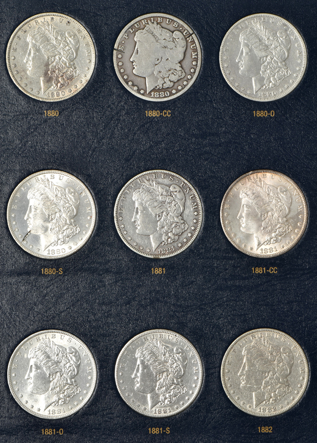 Collection of 54 different Morgan silver dollars, 1878 8TF through 1891-S, in a Whitman Classic 9128 album