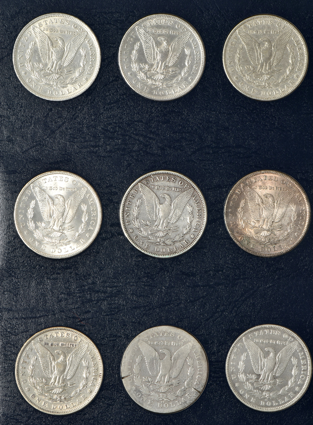Collection of 54 different Morgan silver dollars, 1878 8TF through 1891-S, in a Whitman Classic 9128 album