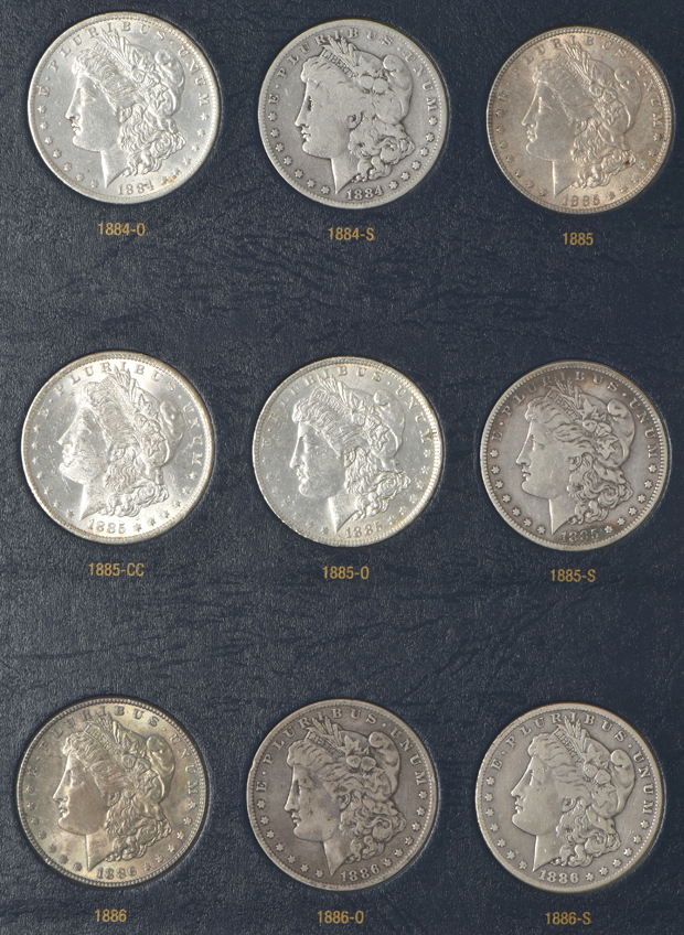 Collection of 54 different Morgan silver dollars, 1878 8TF through 1891-S, in a Whitman Classic 9128 album