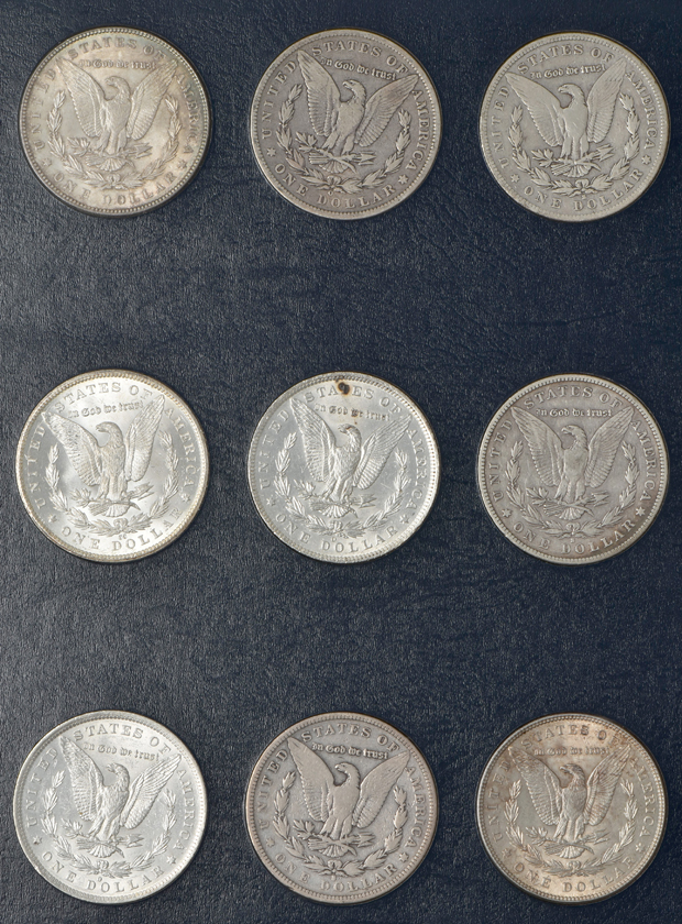 Collection of 54 different Morgan silver dollars, 1878 8TF through 1891-S, in a Whitman Classic 9128 album