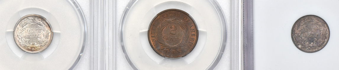 1869 two-cent piece PCGS MS-63BN, 1882 Seated Liberty dime PCGS MS-62, and an 1884 Seated Liberty dime NGC MS-64