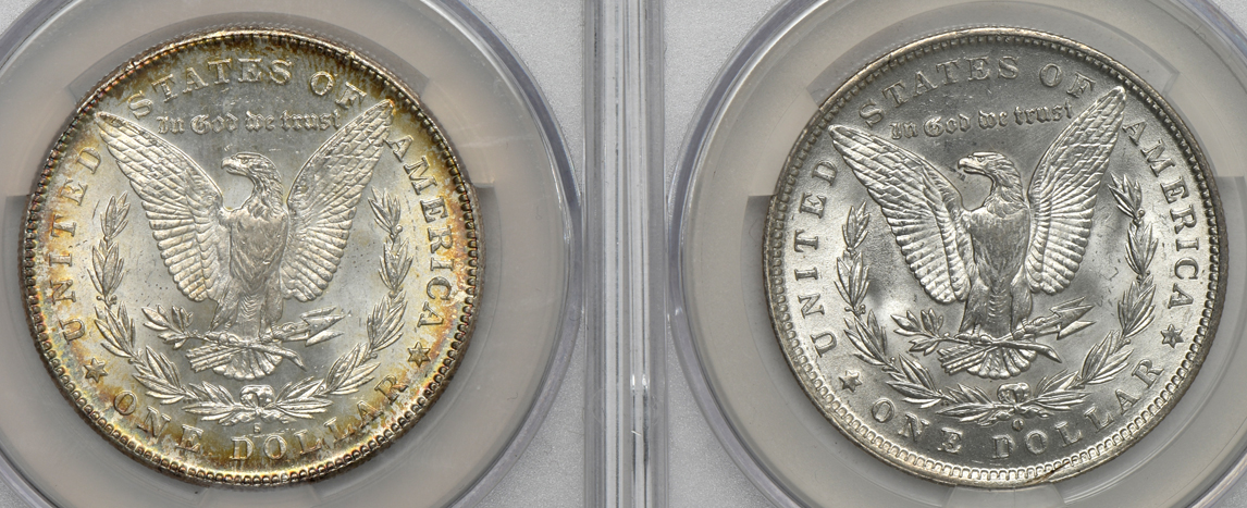 1878-S MS-65, and an 1889-O MS-62, both CACG