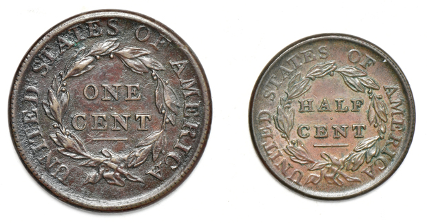 1809 half-cent, and an 1813 large cent