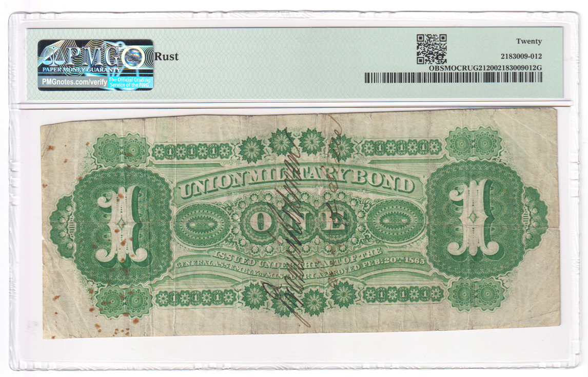 Union Military Bond - 1865 $1 Missouri, Jefferson City PMG VF-20/rust