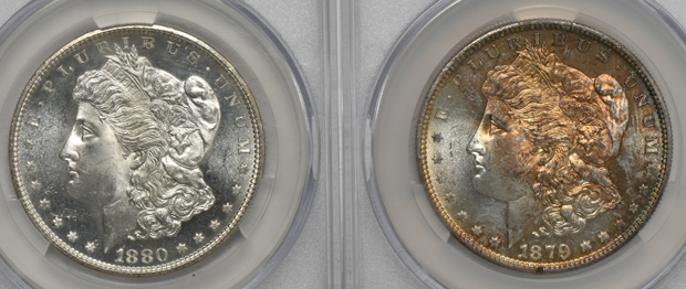 Four Morgan silver dollars, all CACG MS-65