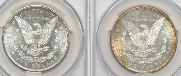 Four Morgan silver dollars, all CACG MS-65