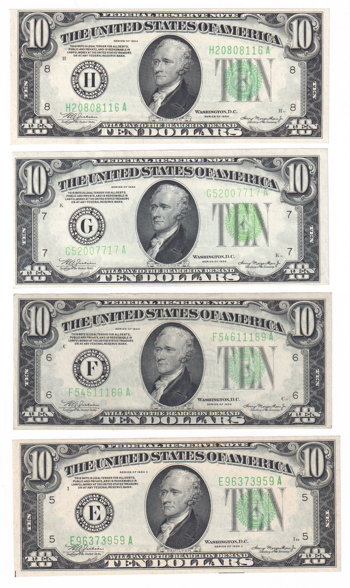 1934 $10 District Set. AU/CU