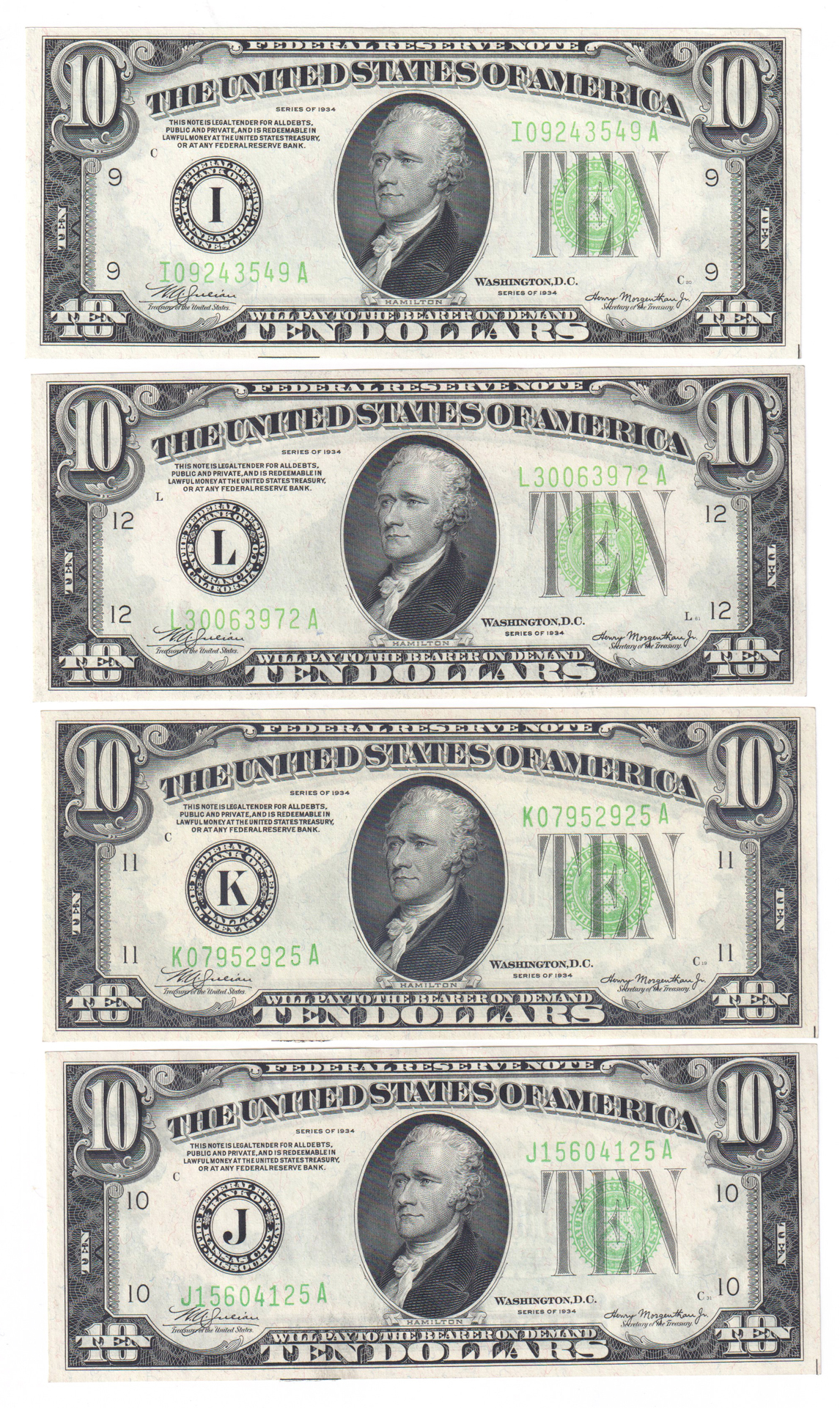 1934 $10 District Set. AU/CU