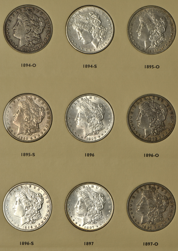 Collection of Morgan silver dollars, 1892 through 1921-S, in a Littleton album