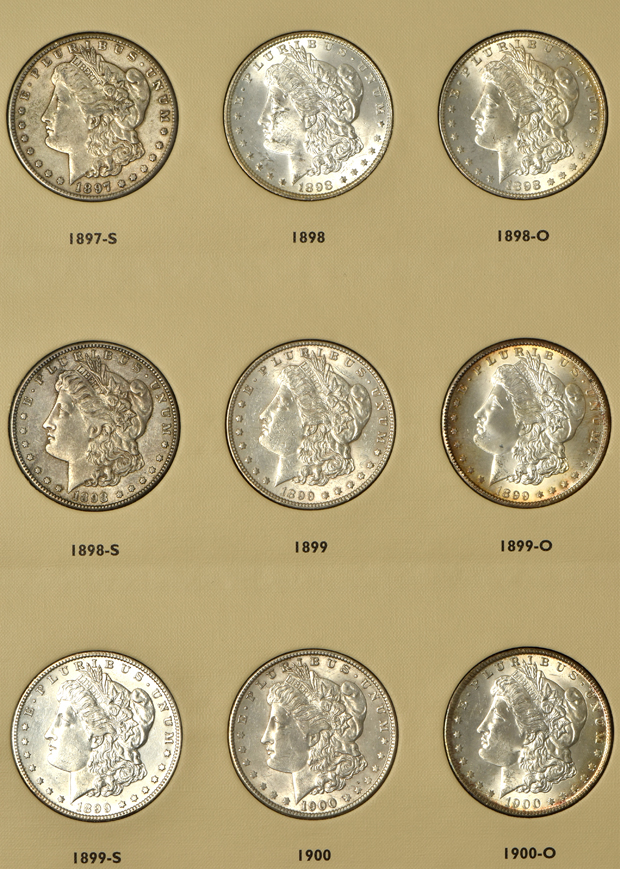 Collection of Morgan silver dollars, 1892 through 1921-S, in a Littleton album