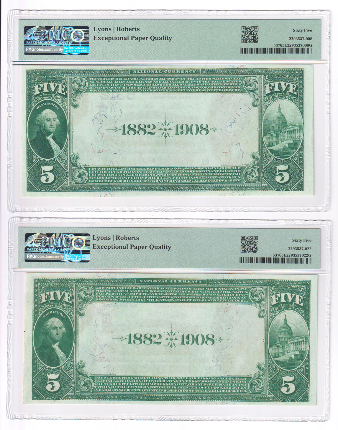Five 1882 $5 Date Back - Louisville, KY Charter #5312 - all PMG GemCU-65 EPQ