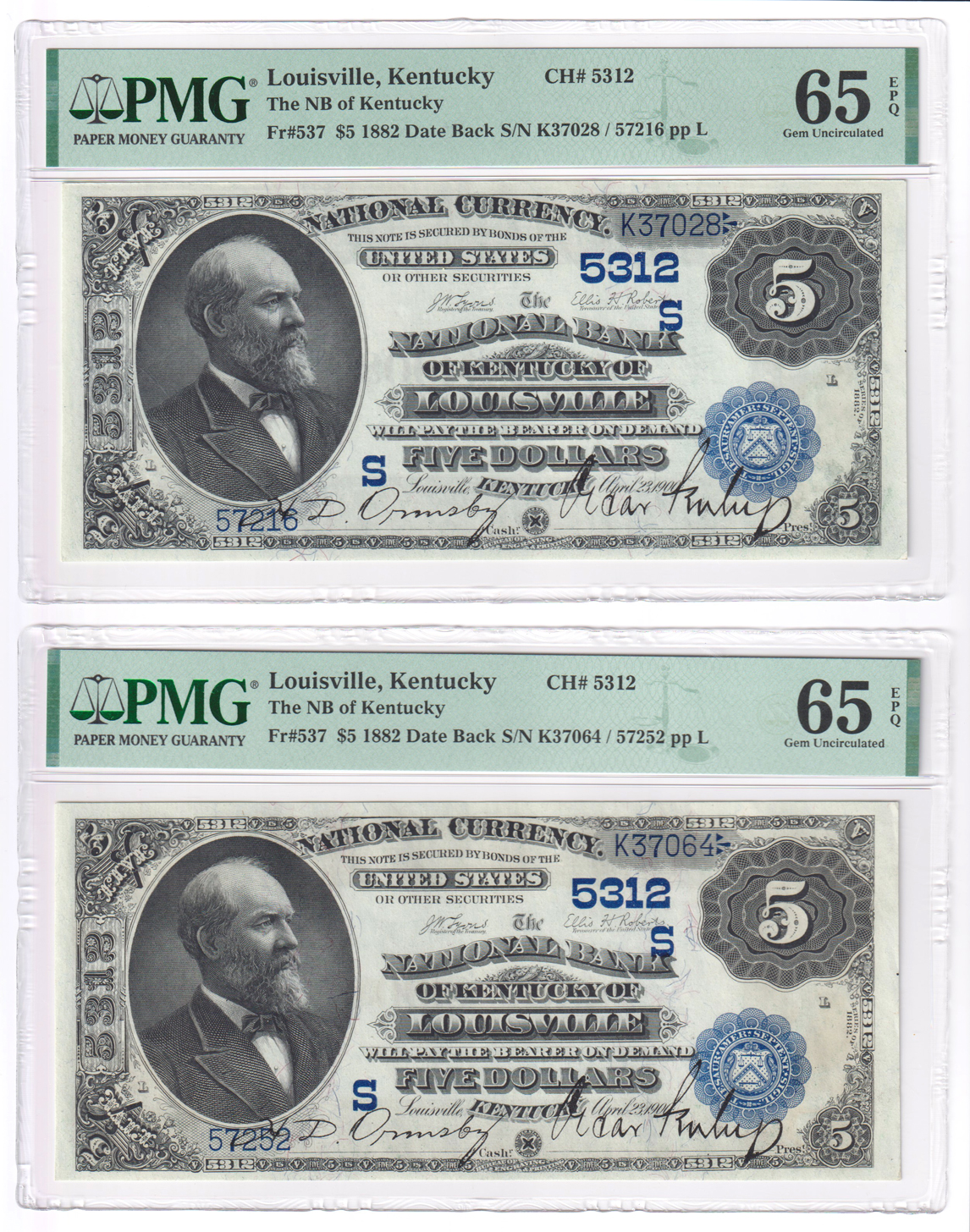 Five 1882 $5 Date Back - Louisville, KY Charter #5312 - all PMG GemCU-65 EPQ