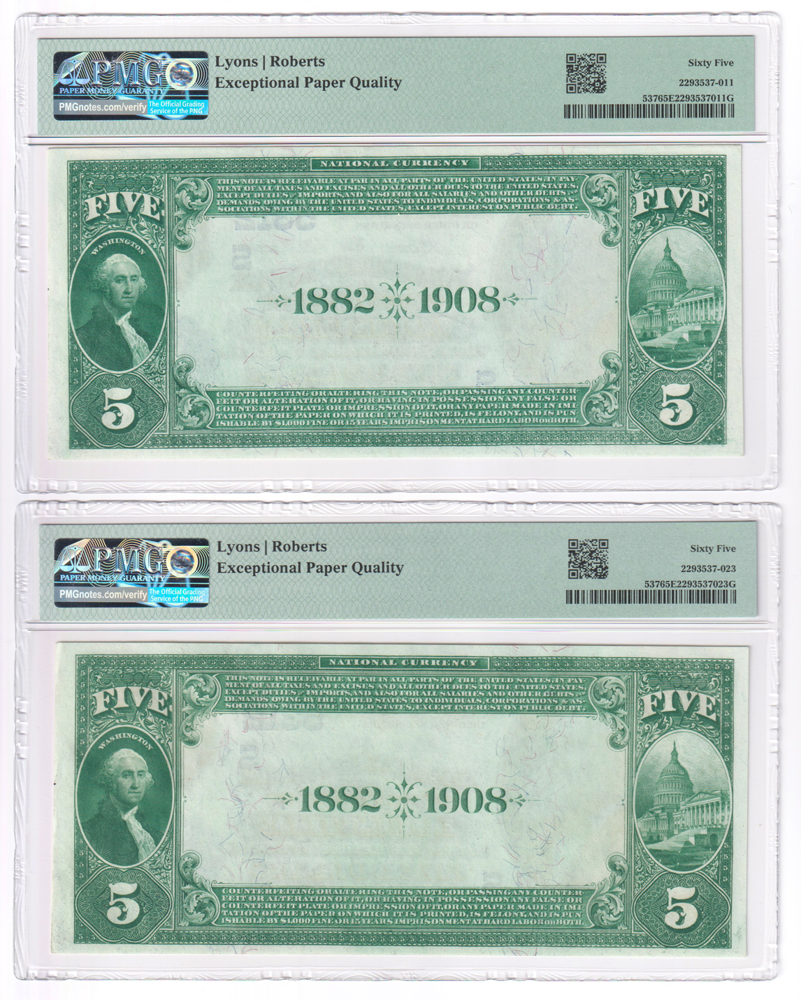Five 1882 $5 Date Back - Louisville, KY Charter #5312 - all PMG GemCU-65 EPQ