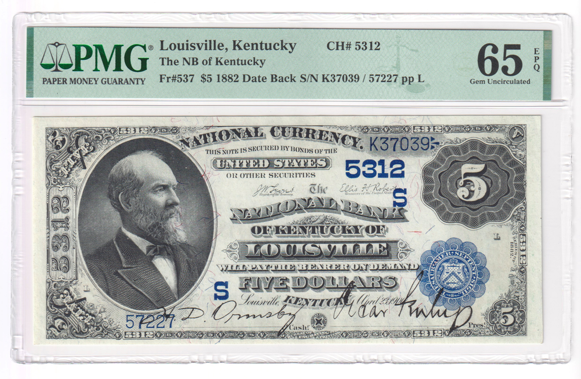 Five 1882 $5 Date Back - Louisville, KY Charter #5312 - all PMG GemCU-65 EPQ