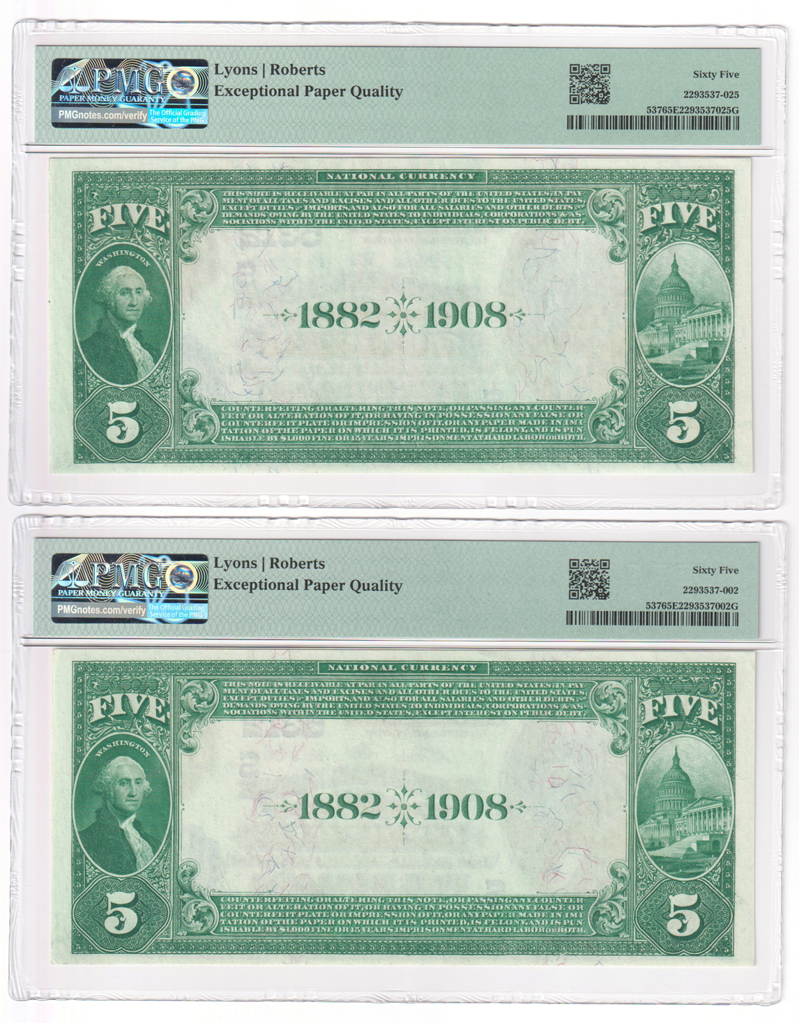 Five 1882 $5 Date Back - Louisville, KY Charter #5312 - all PMG GemCU-65 EPQ