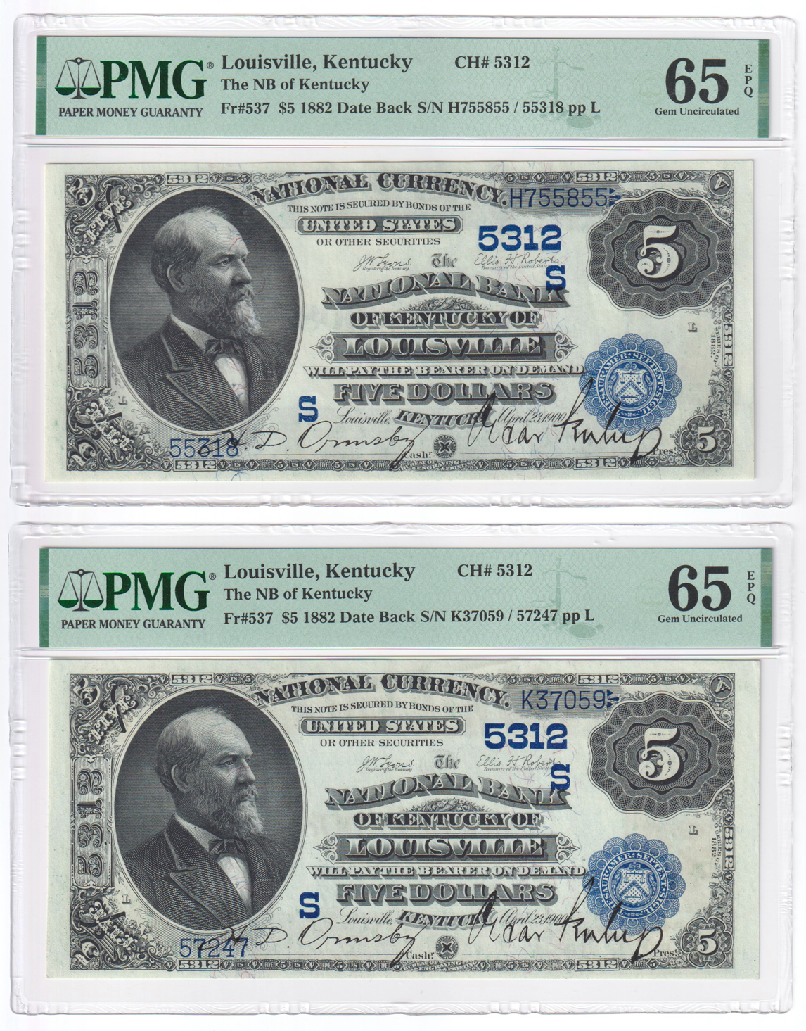 Five 1882 $5 Date Back - Louisville, KY Charter #5312 - all PMG GemCU-65 EPQ