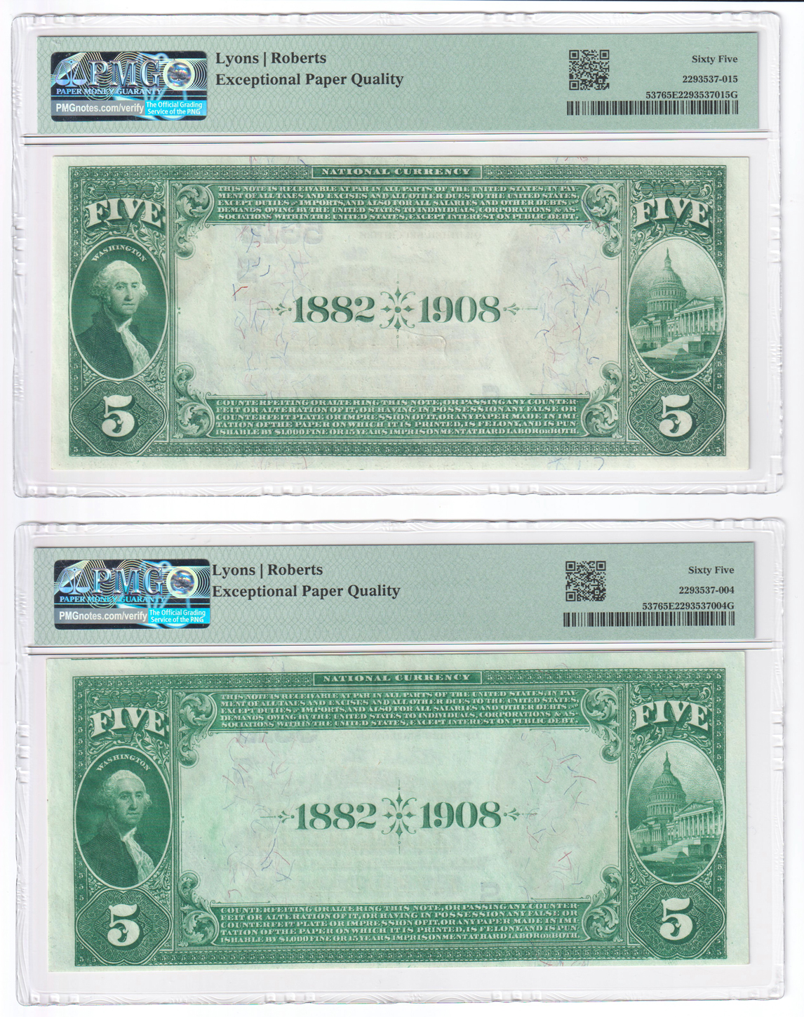 Five 1882 $5 Date Back - Louisville, KY Charter #5312 - all PMG GemCU-65 EPQ