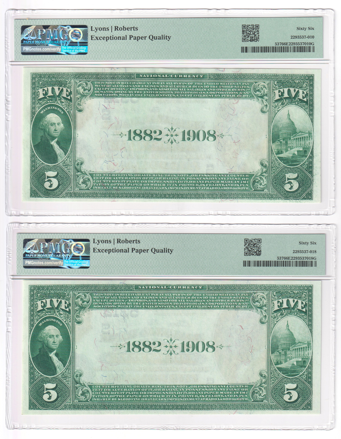 Five 1882 $5 Date Back - Louisville, KY Charter #5312 - all PMG GemCU-66 EPQ