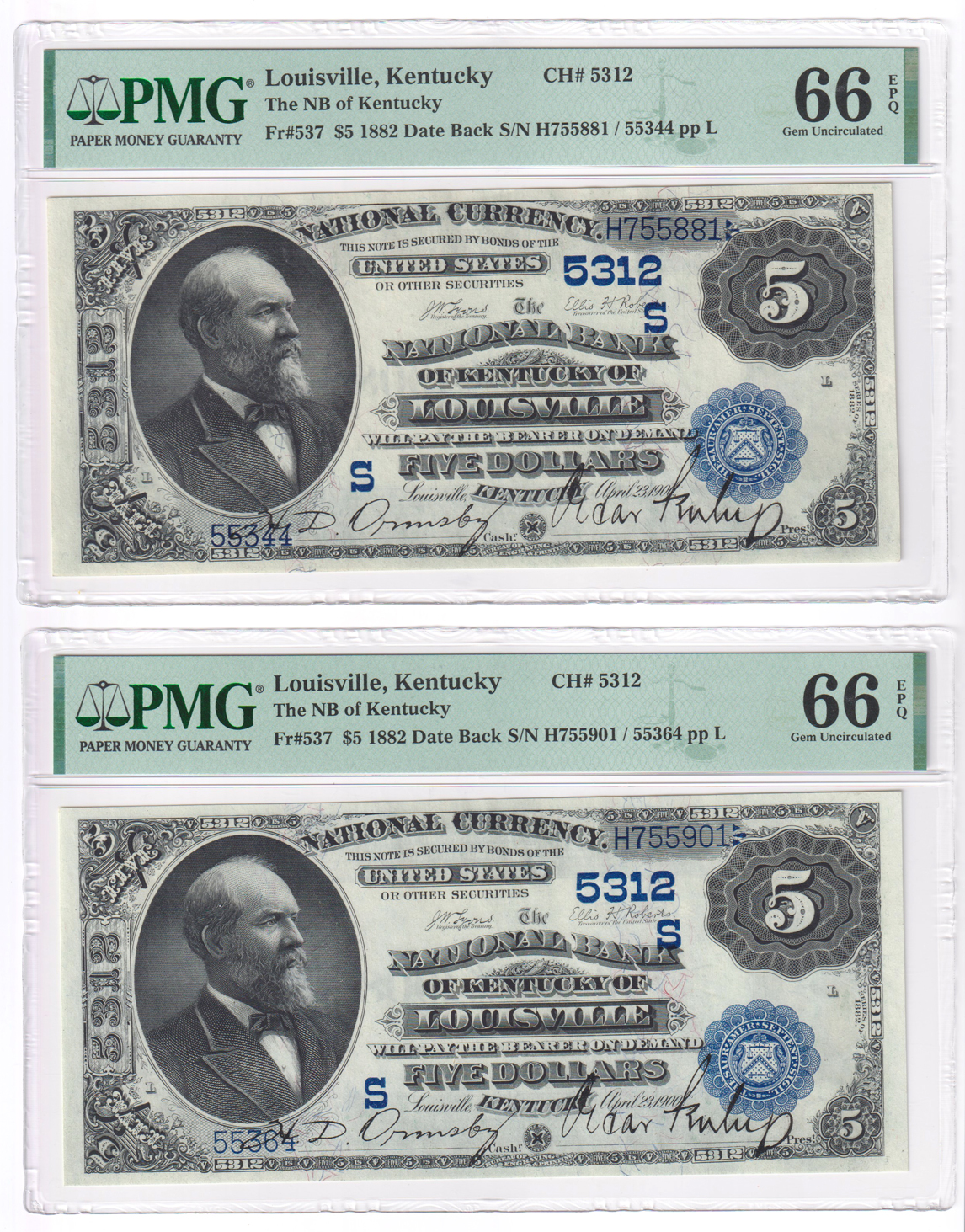 Five 1882 $5 Date Back - Louisville, KY Charter #5312 - all PMG GemCU-66 EPQ